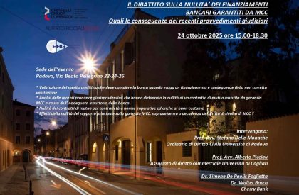 Evento “Il dibattito sulla nullità dei finanziamenti bancari garantiti da MCC: quali le conseguenze dei recenti provvedimenti giudiziari”
